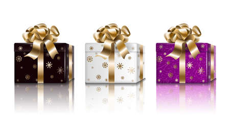 Gift box Holiday New Year set. Black white purple 3d realistic surprise boxes for design, isolated on light background, vector.のイラスト素材