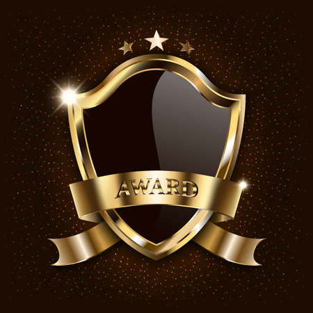 Vector award luxury black shield with golden frame and sparkling ribbon isolated on star space background. Mockup for design of winner sign, illustration, banner.のイラスト素材