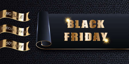 Black Friday Sale, vector mockup of banner, invitation, card, ads, offer. Stylish luxury golden design dark background with texture, twisted and rolled poster, illustration.のイラスト素材