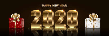 Christmas New Year 2020 dark banner mockup. Sparkling Xmas holiday lights, gift boxes with a gold...