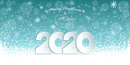 Merry Christmas and Happy New Year, Xmas abstract falling snowflakes on a blue background, vector illustration, mockup of holiday greetings, template for design banner, card.のイラスト素材