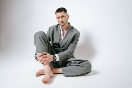 Handsome man in gray suit sits on the floor barefootの写真素材