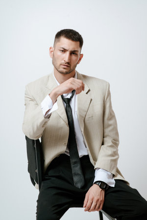 Fashion model, Handsome Man in costume, sits on chair.の写真素材