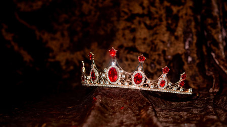 Royal Diadem, crown with ruby, red gemstones on velvet backgroundの写真素材