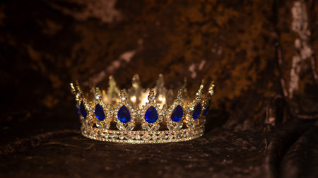 Royal crown blue gems, sapphires on velvet backgroundの写真素材