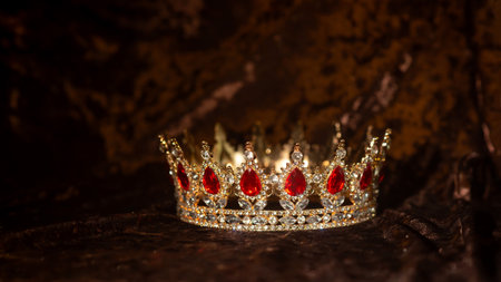 Royal crown red gems, ruby on velvet background