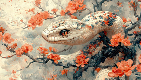 Oriental traditional card with snake, oriental, chinese New Year. AI generativeの素材