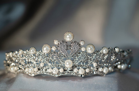 Pearl princess crown, diadem. Luxury jewelry with gemsの写真素材