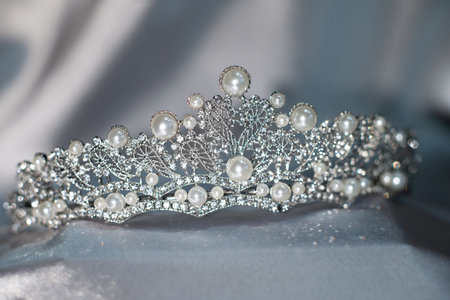 Pearl princess crown, diadem. Luxury jewelry with gemsの写真素材