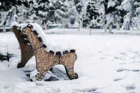 Snowy bench in winter park.