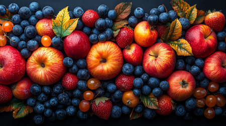 Illustration of fruit harvest, apples, grapes, berries, pears. AI generativeの素材