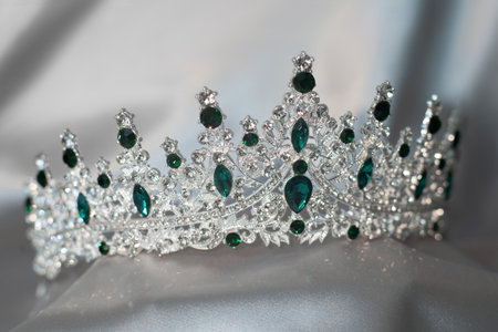 Crown with emerald green gemstones. Jewelryの写真素材