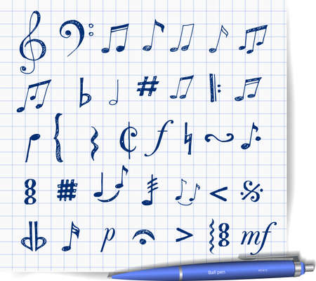 Music notes and signs hand-drawn in sketchy style.のイラスト素材