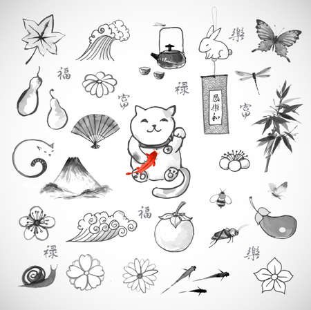 Traditional Japanese symbols of luck, well-being and happiness hand drawn in sumi-e style. Contains hieroglyphs - wind, joy, harmony, joy, well-being, luck, wealthのイラスト素材
