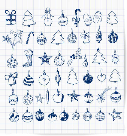 Set of sketch Christmas and New Year objects on squared paper background.のイラスト素材