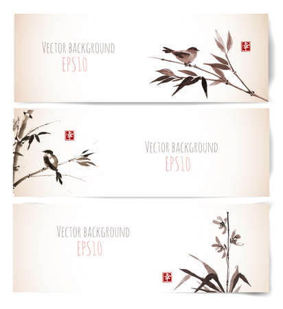 Vintage banners with bamboo, orchid and bird in style. Traditional Japanese painting. Hand-drawn with ink. Contains hieroglyph - happiness.のイラスト素材