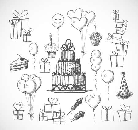 Set of birthday sketch objects isolated on white. Cakes, balloons, birthday gifts.のイラスト素材