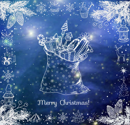 Christmas card with hand-drawn snowflakes, snowman, lanterns, candles and bag full of gifts. sketch illustration. Doodle Christmas card.のイラスト素材