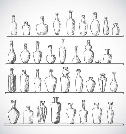 Sketch bottles collection. Hand-drawn with ink.のイラスト素材