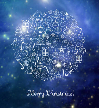 Christmas card with christmas trees, christmas balls and other objects on blurred glowing background. Xmas card.のイラスト素材