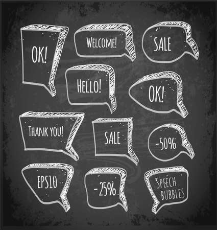 Sketchy speech and thought bubbles on black chalkboard.のイラスト素材