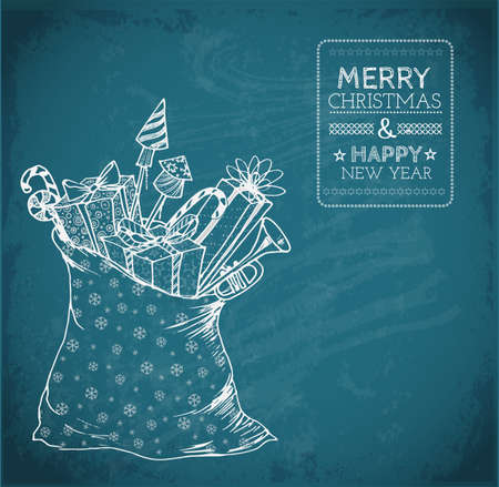 Christmas card with sack full of gifts on blackboard background. Gift boxes. christmas candies, firework rockets. Doodle sketch illustration.のイラスト素材