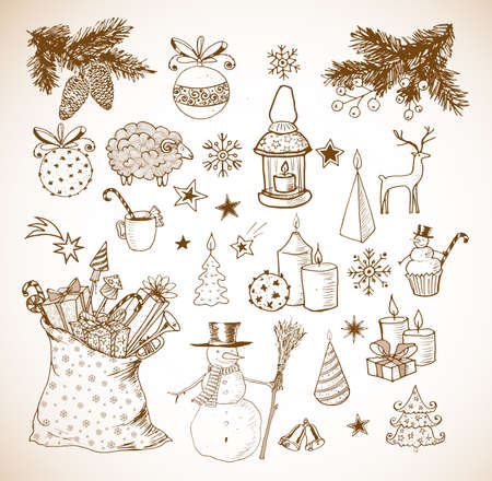 Set of hand-drawn sketchy vintage Christmas elements.のイラスト素材
