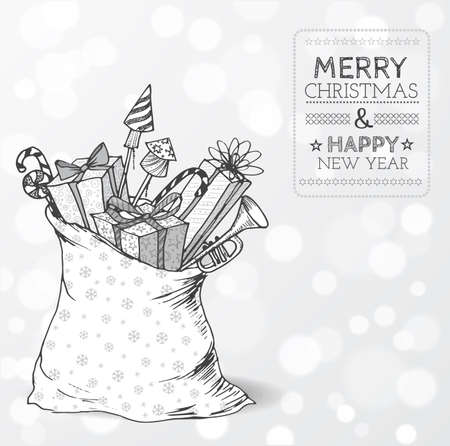 Christmas card with sack full of gifts on white glowing background. Gift boxes. christmas candies, firework rockets. Doodle sketch illustration.のイラスト素材
