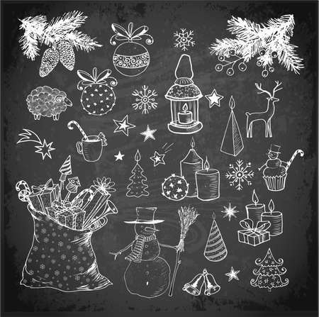 Set of hand-drawn sketchy Christmas elements on blackboard.のイラスト素材