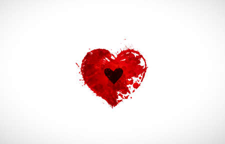 Red watercolor grunge heart with small black heart inside on white background.のイラスト素材