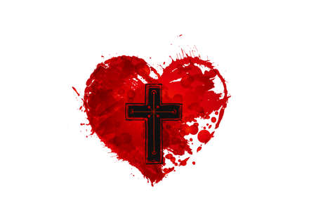 Christian cross and red heart on white background.のイラスト素材