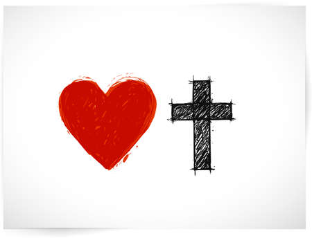 Christian cross and red heart on white backgroundのイラスト素材