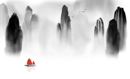 Oriental landscape with fishing boat and high mountain rocks. Traditional oriental ink painting sumi-e, u-sin, go-hua.の写真素材