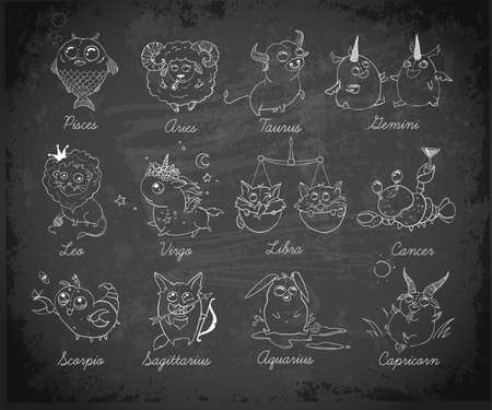 Set of 12 funny doodle zodiac icons on blackboard background. Astrology horoscope with signs. Calendar template.のイラスト素材