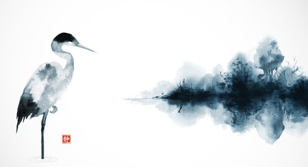 Ink wash painting with heron and misty island with forest trees. Translation of hieroglyph - silence. Traditional oriental ink painting sumi-e, u-sin, go-huaのイラスト素材