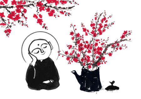 Ink painting of two praying japanese boddhisattva Jizo and sakura blossom. Traditional Japanese ink wash painting of Buddha sumi-e.のイラスト素材