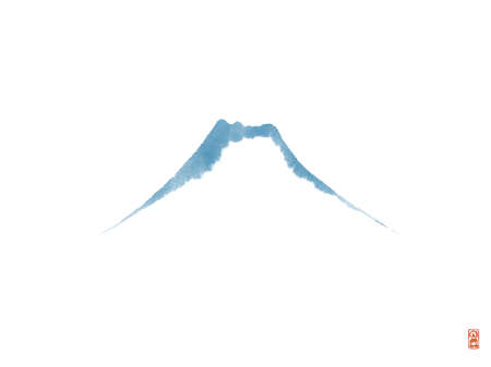 Minimalist zen landscape with Fujiyama mountain and traditional red seal with Buddha on white background. Traditional Japanese ink wash painting sumi-e.のイラスト素材
