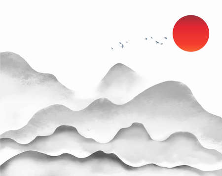 Distant misty mountains, flock of birds and big red sun. Traditional oriental ink painting sumi-e, u-sin, go-hua.のイラスト素材