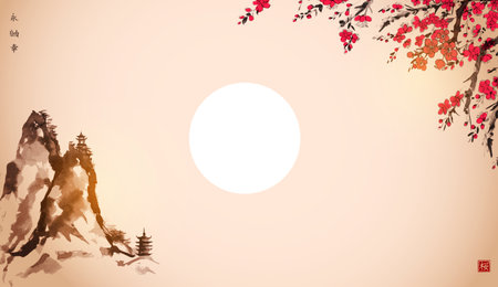Sakura blossom, high mountains and sunrise sky. Traditional oriental ink painting sumi-e, u-sin, go-hua. Hieroglyphs - eternity, freedom, happinessのイラスト素材
