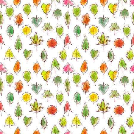 Seamless background with colored doodle green, yellow and red leaves. Can be used for wallpaper, pattern fills, textile, web page background, surface textures.のイラスト素材