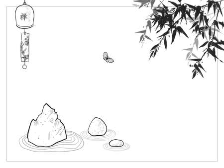 Japanese zen garden doodles. Zen rock garden, butterfly, furin bell and bamboo tree. Hieroglyph - zenのイラスト素材