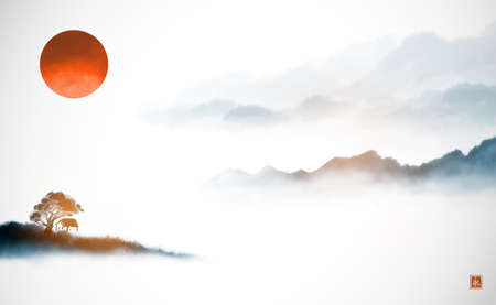 Landscape with red sun and blue misty forest mountains. Traditional oriental ink painting sumi-e, u-sin, go-hua. Translation of hieroglyph - eternityのイラスト素材