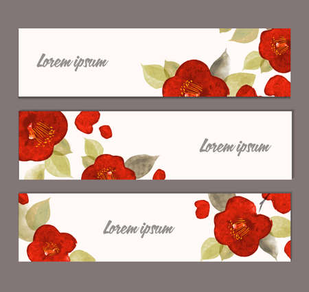 Three banners with red japanese camelia flowers with place for your text. Traditional Japanese ink wash painting sumi-e.のイラスト素材
