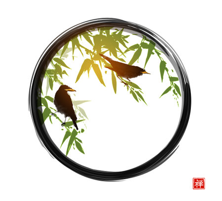 Birds sitting on green bamboo tree in black enso zen circle on white background. Translation of hieroglyph - well-being.のイラスト素材