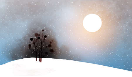 Misty landscape with snowfall and tree in snow-covered field. Traditional oriental ink painting sumi-e, u-sin, go-hua.のイラスト素材