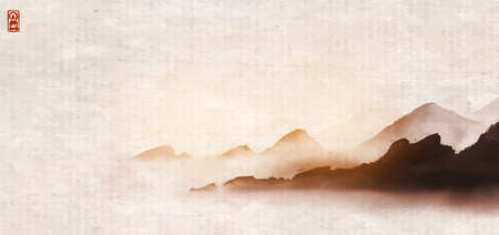 Ink painting with misty mountains on vintage background. Traditional oriental ink painting sumi-e, u-sin, go-huaのイラスト素材