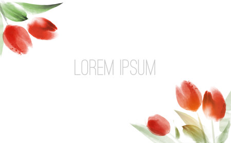 Ink painting with red tulips on white background and place for your text. Traditional oriental ink painting sumi-e, u-sin, go-hua.のイラスト素材