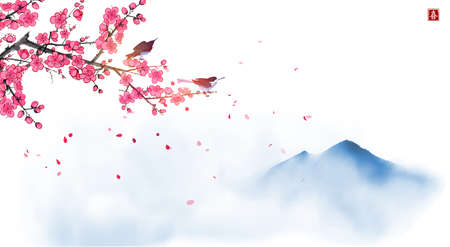 Two birds on blossoming sakura tree branch and far blue mountains. Traditional oriental ink painting sumi-e, u-sin, go-hua. Hieroglyph - joyのイラスト素材