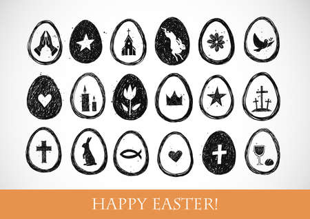 Collection of hand drawn easter doodles. Easter symbols in eggs on white background.のイラスト素材