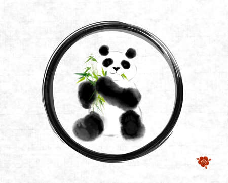 Panda eating bamboo in black enso zen circle on rice paper background. Traditional oriental ink painting sumi-e, u-sin, go-hua.のイラスト素材